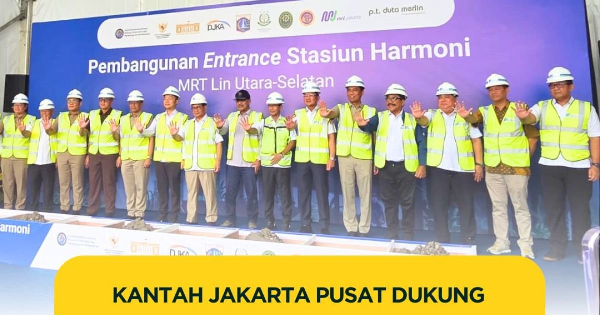 Gubernur DKI Jakarta Pramono Anung bersama jajaran Pemprov DKI Jakarta dan Kantor Pertanahan Jakarta Pusat berfoto bersama usai seremoni pembangunan Stasiun MRT Harmoni Fase 2A, Jakarta Pusat, Selasa (20/1/2026).