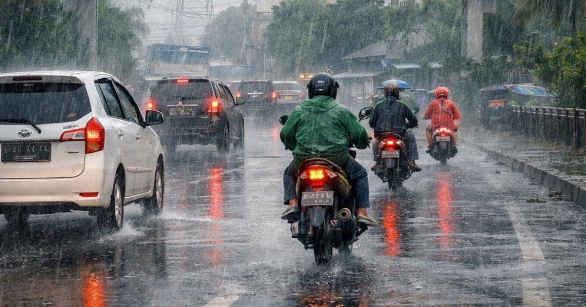 Ilustrasi hujan dengan intensitas ringan hingga sedang yang mengguyur wilayah Kabupaten Tangerang. Badan Meteorologi, Klimatologi, dan Geofisika (BMKG) memprakirakan hujan terjadi pada 25–28 Januari 2026.